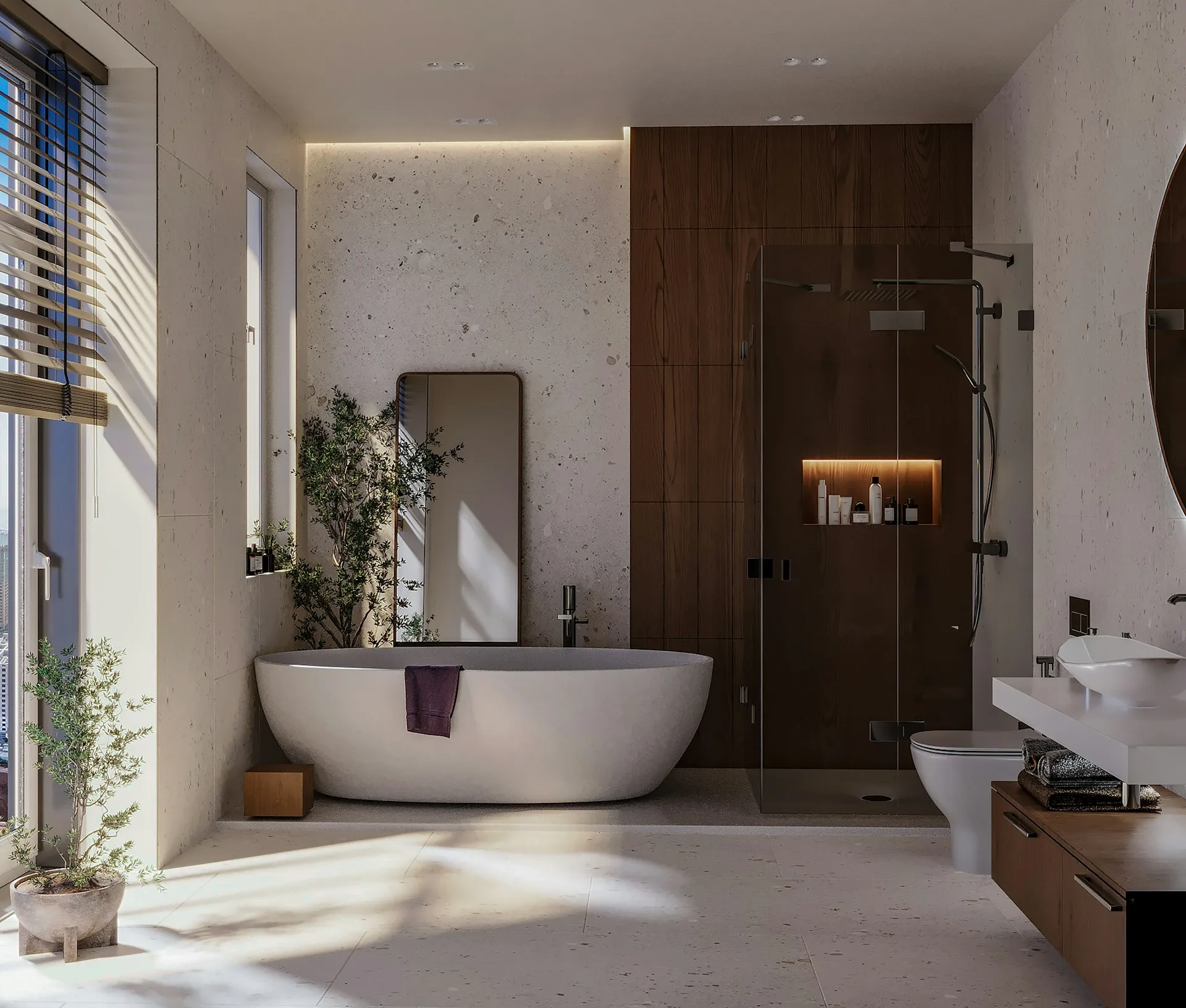 Complete bathroom remodel with freestanding tub, walk-in shower, and modern finishes